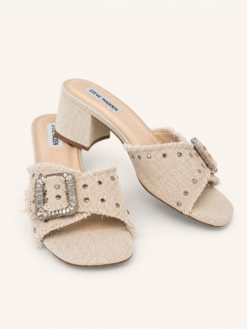 Steve Madden Beige Studded Buckle Mules